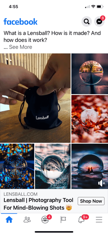 ejemplo de collage de anuncios de Facebook para lensball, que muestra el producto en una pequeña bolsa negra con cordón junto con 5 tomas de ejemplo del producto en uso en imágenes