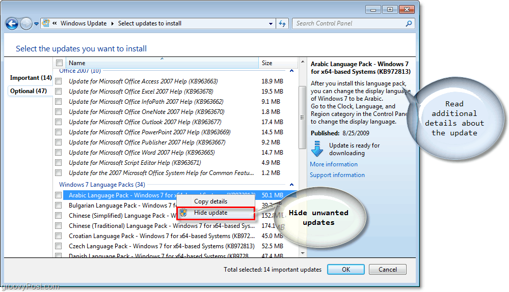Windows 7 - Captura de pantalla de casillas de verificación de actualizaciones disponibles de Windows Update