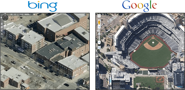 Google Maps de arriba Vista de 45 grados vs. Bing Birds Eye