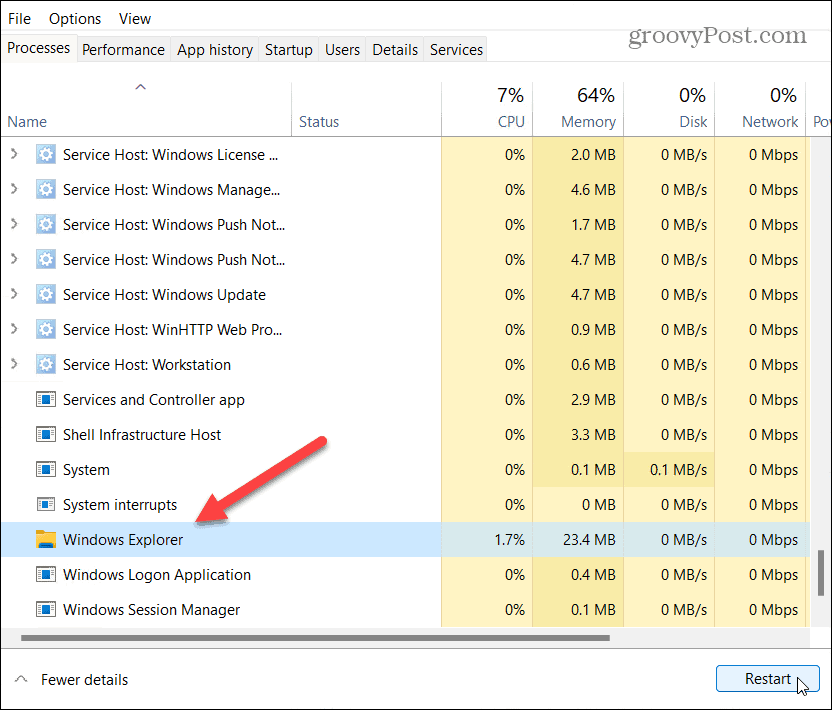 reiniciar el administrador de tareas del explorador de Windows