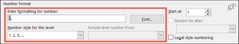 Configuración de formato de número para listas multinivel en Word