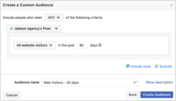 Elija opciones para crear una audiencia personalizada de Facebook de todos los visitantes del sitio web en los últimos 30 días