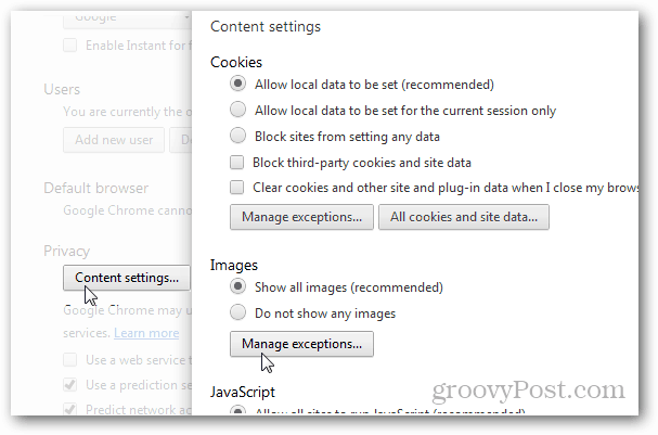 privacidad de Chrome> configuración de contenido> imágenes> gestionar excepciones
