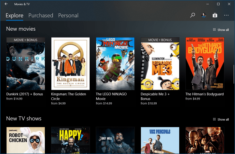 Aplicación de películas y TV Windows 10