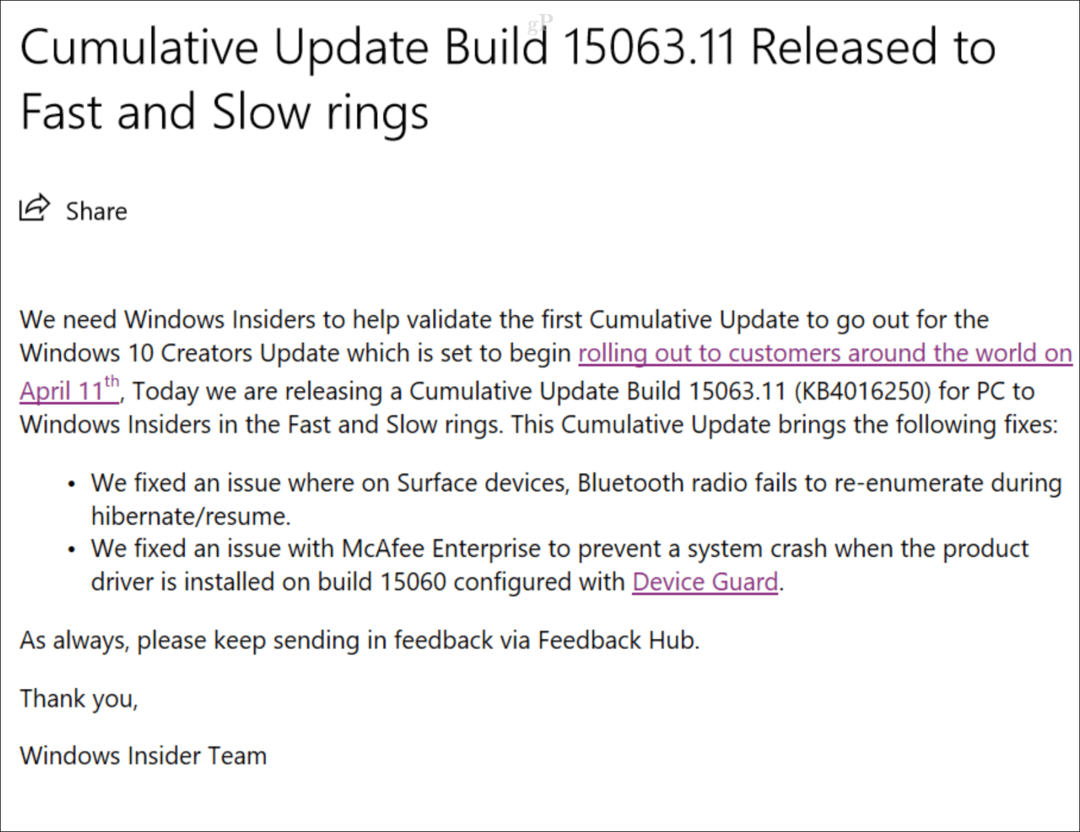 Primera actualización acumulativa para Windows 10 Creators Update lanzada