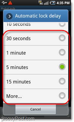 seleccione el tiempo de bloqueo del patrón de Android