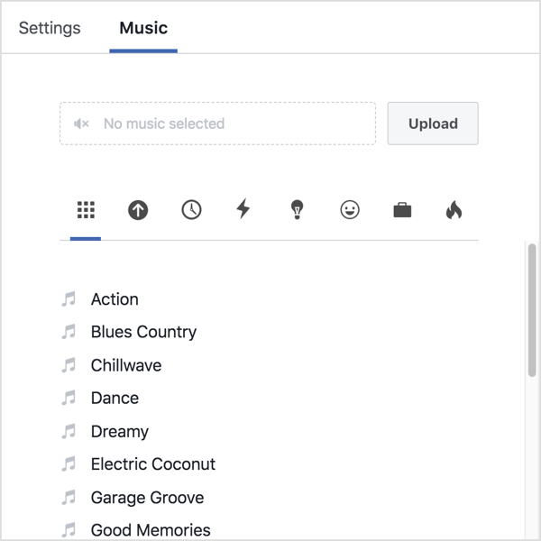 Haga clic en la pestaña Música y cargue su propio audio o seleccione una pista de la biblioteca de Facebook.