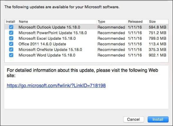 Microsoft Office 2016 para Mac: actualización de enero KB3133711