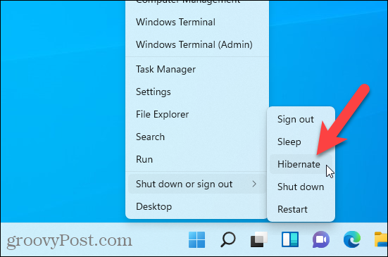Opción de hibernación disponible en el menú de Windows + X en Windows 11