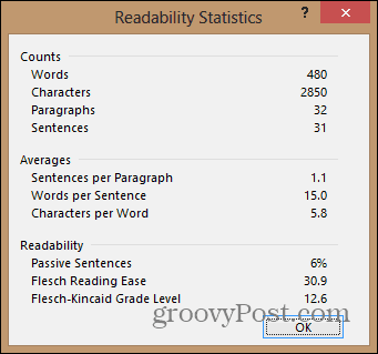 estadísticas del documento de legibilidad de word 2013