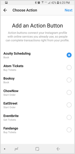seleccione una aplicación de terceros en Instagram Agregar una pantalla de botón de acción