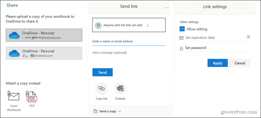 Compartir la configuración de envío y enlace de Excel en Windows