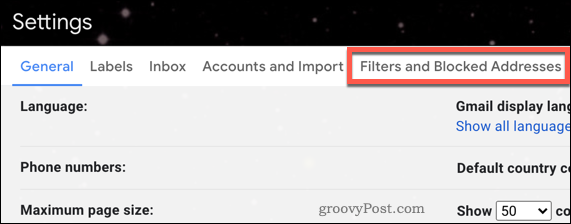 Menú de filtros de Gmail