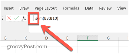 Cursor de la barra de fórmulas de Excel a la izquierda de los iguales