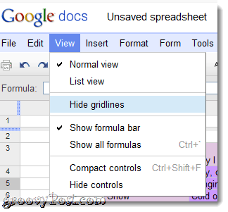 Ocultar líneas de cuadrícula en el menú de Google Docs