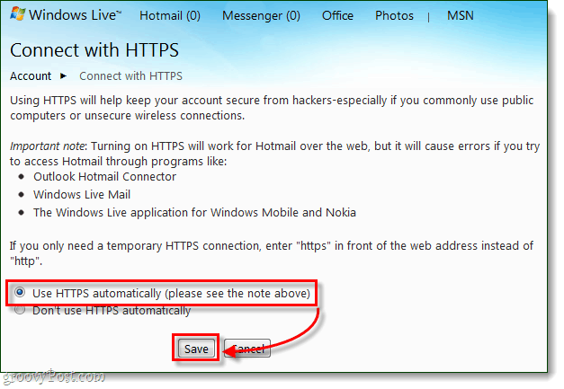Cómo conectarse siempre de forma segura a Windows Live y Hotmail a través de HTTPS