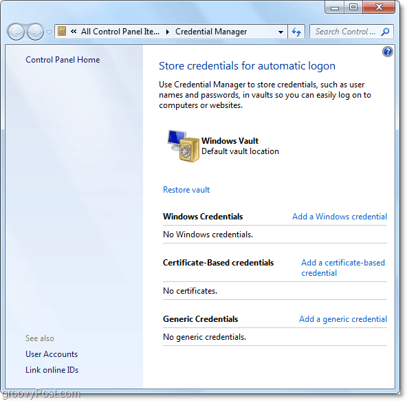 Una mirada general a la bóveda del administrador de credenciales de Windows 7
