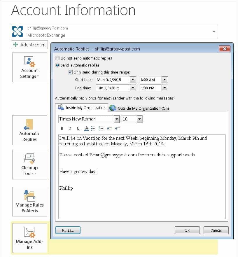 Habilite las respuestas automáticas con Office Assistant en Outlook 2010 y 2013