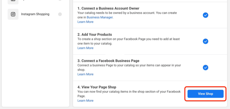 botón Ver tienda para obtener una vista previa de cómo se ve su tienda de Facebook en su página