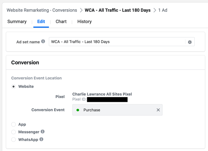 seleccione el evento Compra o Cliente potencial en el Administrador de anuncios de Facebook durante la configuración de la campaña de remarketing