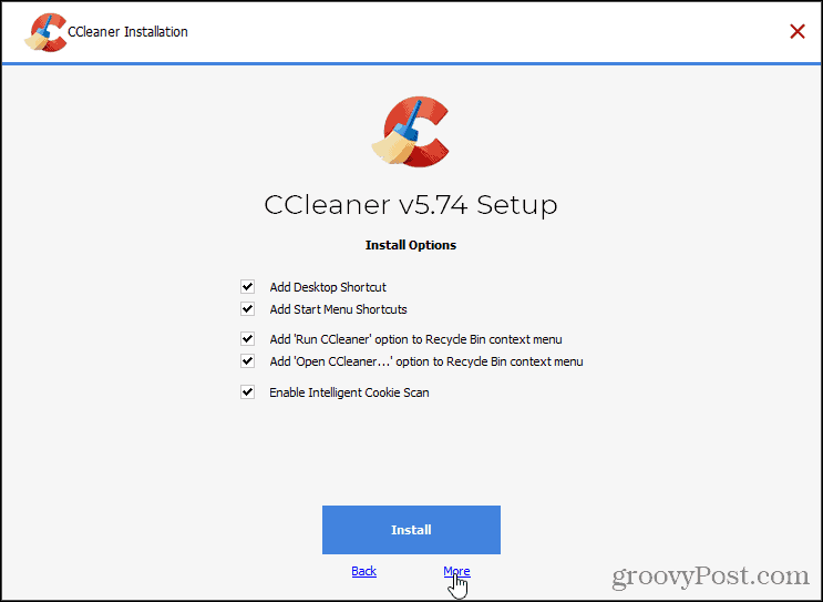 Haga clic en Más en la instalación de CCleaner