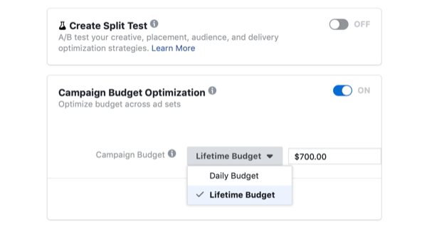seleccionando Optimización del presupuesto de campaña y Presupuesto de por vida para la campaña de Facebook el día de la venta flash