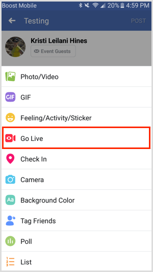 Opción Go Live para eventos de Facebook a través de la aplicación móvil de Facebook