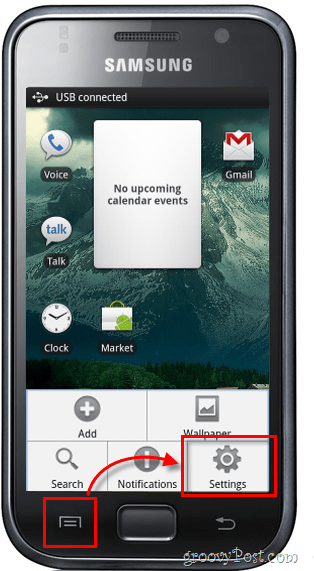 pantalla de inicio de la configuración del menú de Android