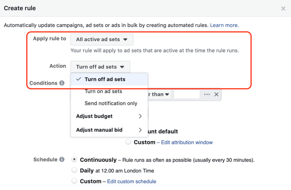 Use las reglas automatizadas de Facebook, detenga el conjunto de anuncios cuando el ROAS caiga por debajo del mínimo, paso 1, configuración de acciones
