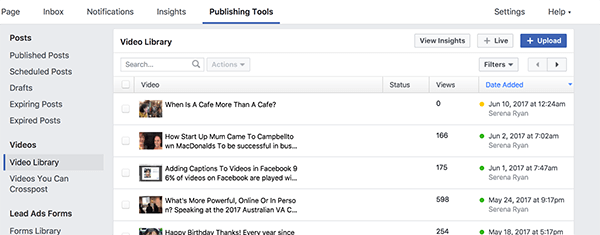 Su biblioteca de videos de Facebook contiene todos sus videos publicados y no publicados. Los videos con un punto amarillo no se publican y los videos con un punto verde se publican.