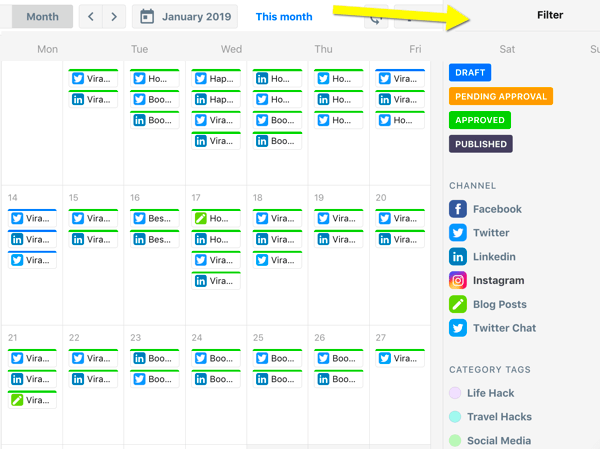 Cómo organizar tareas de marketing en redes sociales, descripción general del calendario de ContentCal con filtros