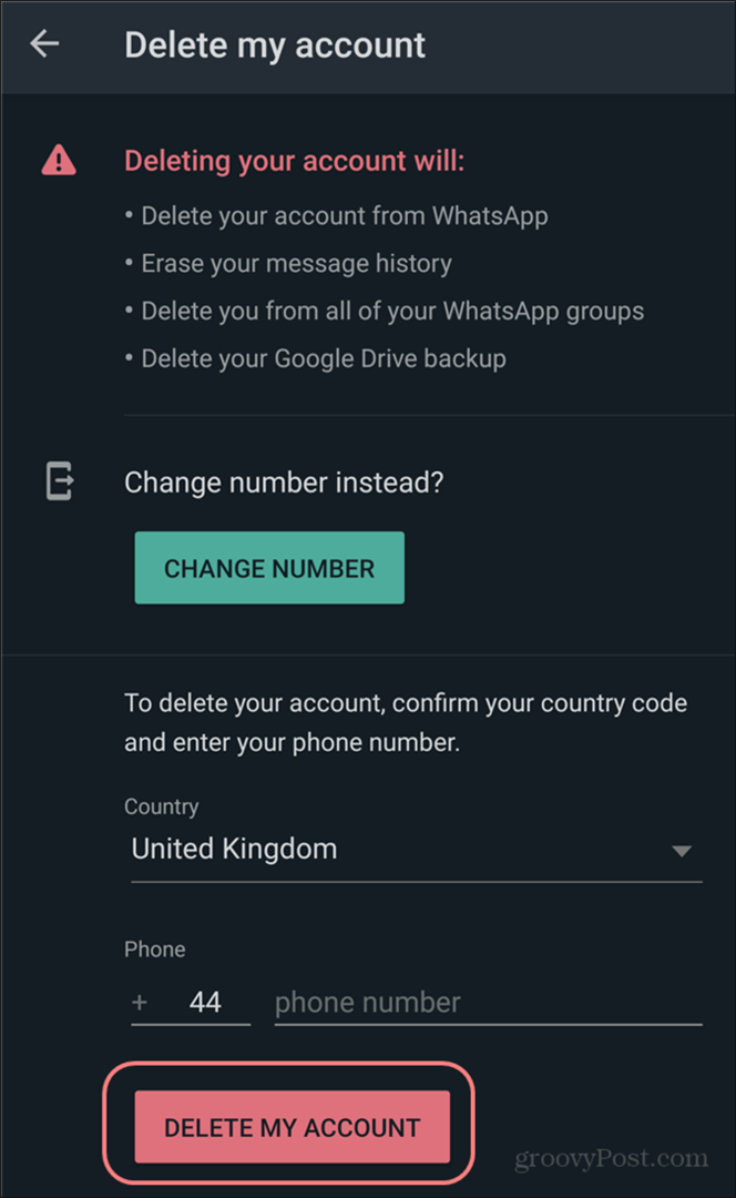 Eliminar la configuración de la cuenta de WhatsApp confirmar la eliminación