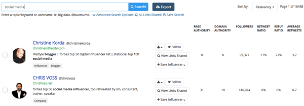 resultados de búsqueda de influencers de buzzsumo