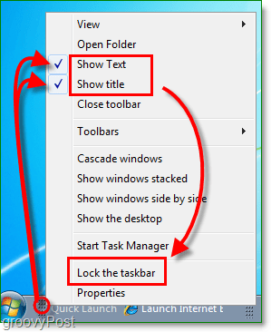 deshabilite el texto y el título de inicio rápido en Windows 7, bloquee la barra de tareas
