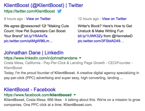 ejemplo de cobertura de klientboost en la página de resultados del motor de búsqueda serp