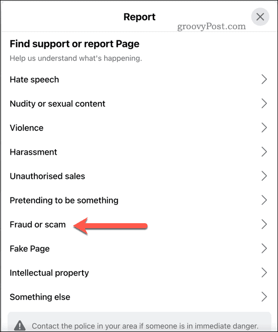 Opciones de informe en Facebook