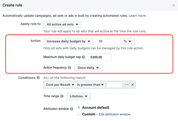 Utilice las reglas automatizadas de Facebook, aumente el presupuesto cuando el ROAS sea superior a 2, paso 2, configuración de acciones