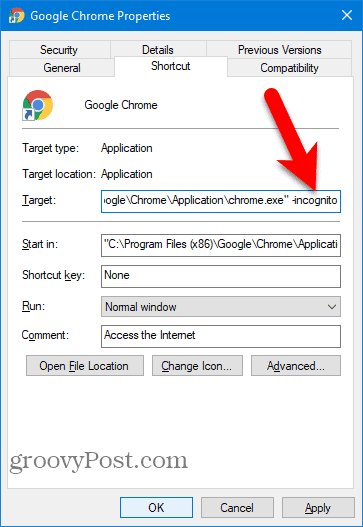 Agregue -incognito al acceso directo de Chrome Desktop