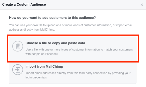 Seleccione Elegir un archivo o Copiar y pegar los datos para crear su audiencia de correo electrónico personalizada de Facebook.