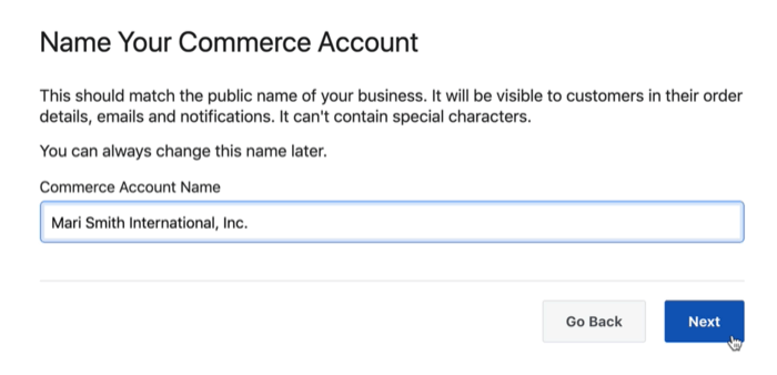 opción de cuadro de diálogo para nombrar su cuenta comercial de Facebook