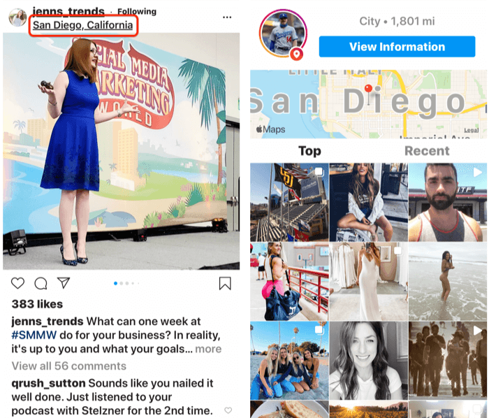 publicación de instagram que muestra una ubicación etiquetada en la parte superior de la publicación 
