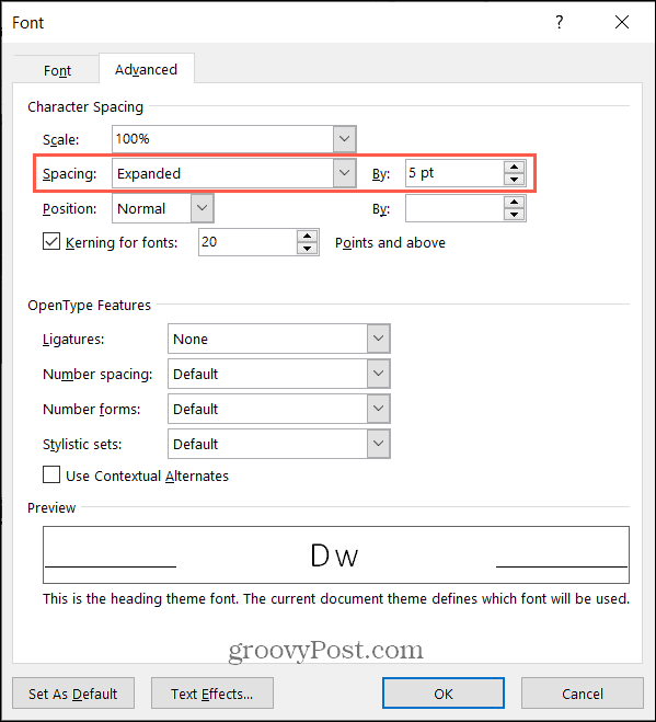 Expandir el espaciado de caracteres en Word en Windows