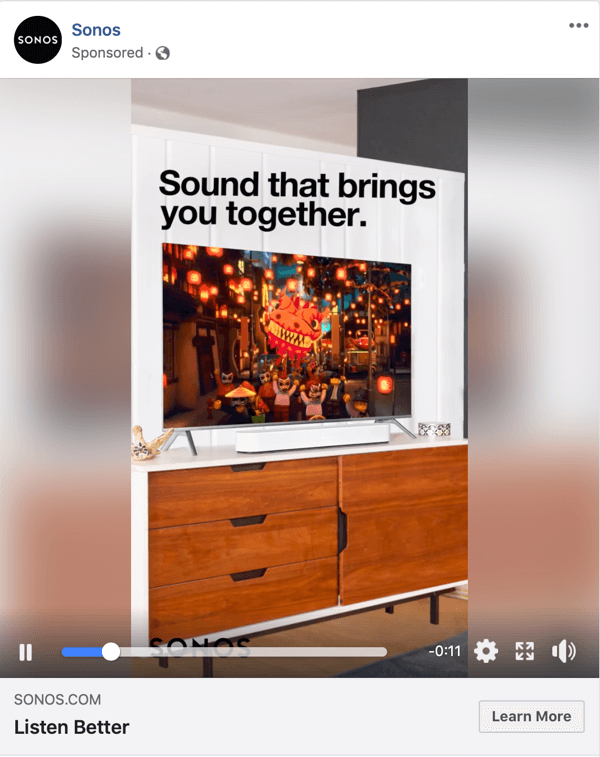 Ejemplo de un anuncio de vídeo de Facebook de Sonos.