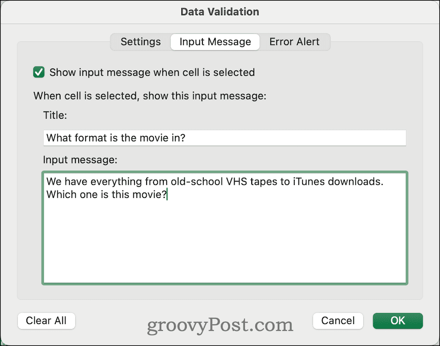 ingresando un mensaje de entrada personalizado en la validación de datos