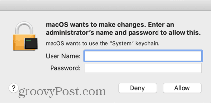 Ingrese las credenciales para su cuenta administrativa de Mac
