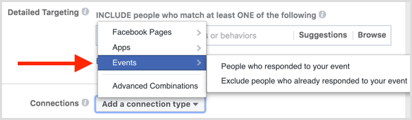 Las conexiones de orientación de anuncios de Facebook incluyen excluir a las personas que respondieron al evento