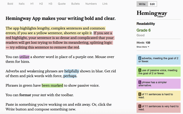 Cómo escribir y estructurar publicaciones patrocinadas de Facebook basadas en texto de formato más largo, mejores prácticas, aplicación Hemingway