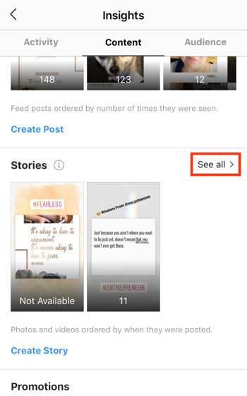 Vea los datos de ROI de Instagram Stories, paso 3.