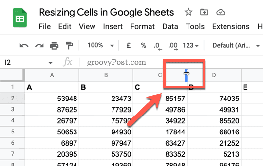 El cursor de columna o fila de cambio de tamaño en Hojas de cálculo de Google