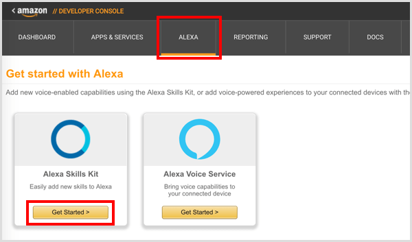 Haga clic en el botón Comenzar debajo del Kit de habilidades de Alexa.